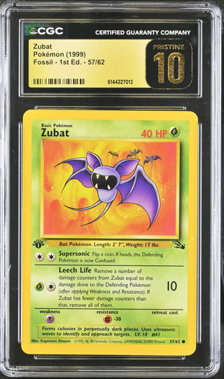 1999 Fossil - 1st Ed. Zubat 57/62 CGC PRISTINE 10
