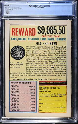 My Greatest Adventure #68 (6/62) Graded CGC 8.5 back cover