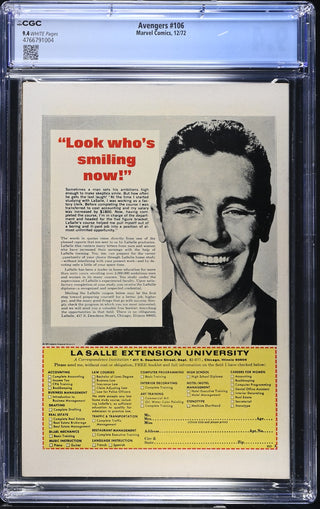 Avengers #106 (12/72) Graded CGC 9.4 back cover