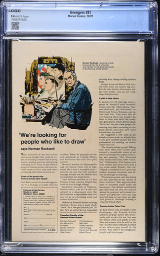 Avengers #81 (10/70) Graded CGC 9.4 back cover