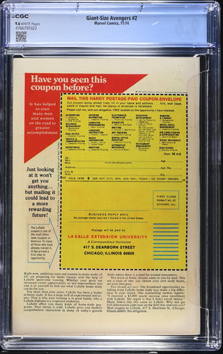 Giant-Size Avengers #2 (11/74) Graded CGC 9.6 back cover