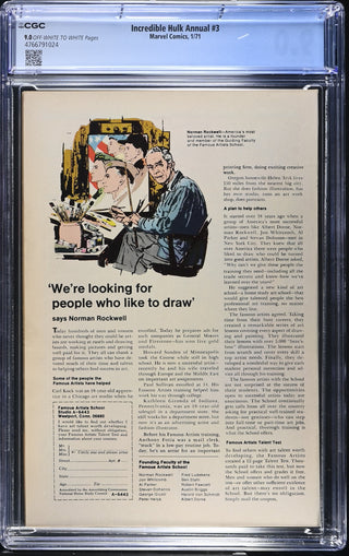 Incredible Hulk Annual #3 (1/71) Graded CGC 9.0 back cover