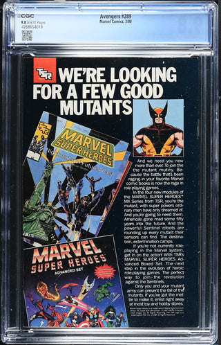 Avengers #289 (3/88) Graded CGC 9.8 back cover