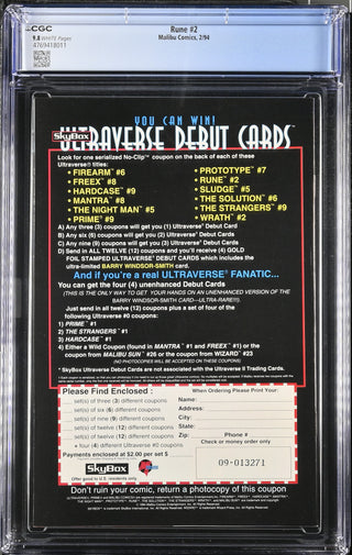 Rune #2 (2/94) Graded CGC 9.8 back cover