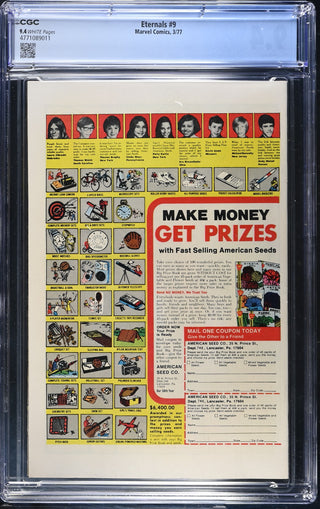 Eternals #9 (3/77) Graded CGC 9.4 back cover