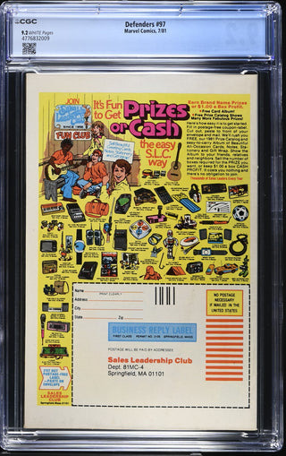 Defenders #97 (7/81) Graded CGC 9.2 back cover
