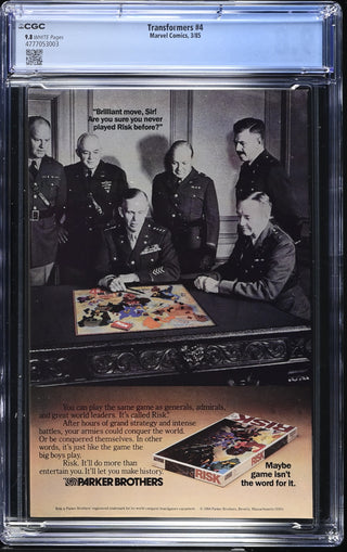 Transformers #4 (3/85) Graded CGC 9.8 back cover
