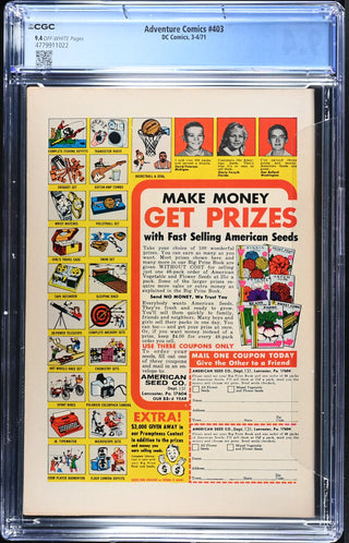 Adventure Comics #403 (3-4/71) Graded CGC 9.4 back cover