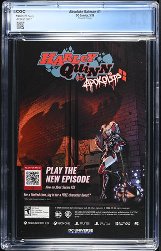 Absolute Batman #1 (5/26) Graded CGC 9.8 Eleventh Printing back cover