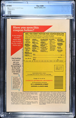 Thor #209 (3/73) Graded CGC 9.4 back cover