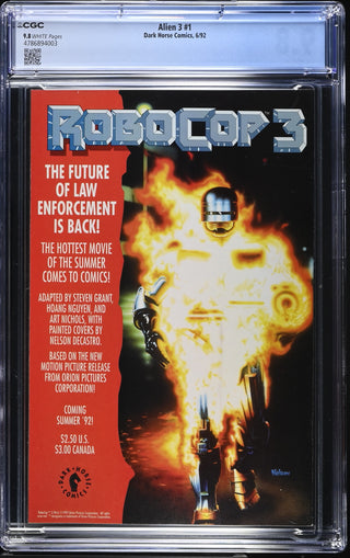 Alien 3 #1 (6/92) Graded CGC 9.8 back cover