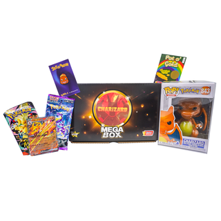 Mystery Grail Charizard Mega Box - Funko Pop, Sealed Booster Packs, Charizard Card, Enamel Pin & Bonus Items