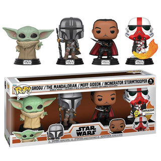 Funko Pop! Star Wars Grogu, Mandalorian, Moff Gideon, & Incinerator Stormtrooper, Glow in the Dark 4-Pack - Amazon Exclusive Vinyl Figure [Light Damage]