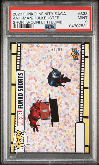 2023 UPPER DECK FUNKO POP MARVEL  SHORTS ANTMAN/HULKBUSTER SHORTSCONFETTI BOMB #S33  PSA 9